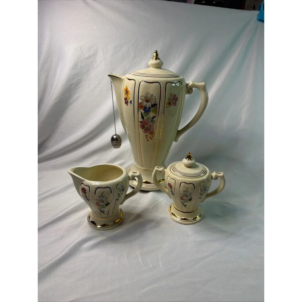 Vintage Floral Ceramic Electric Coffee Percolator Set Cream Gold Trim 3 Piece